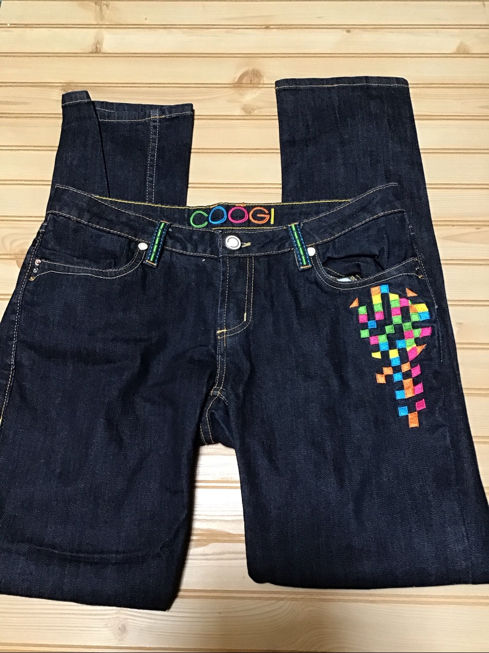 Y2K Coogi Dark‎ Wash Denim Rainbow Neon Geometric Embroidered  Pocket Jeans